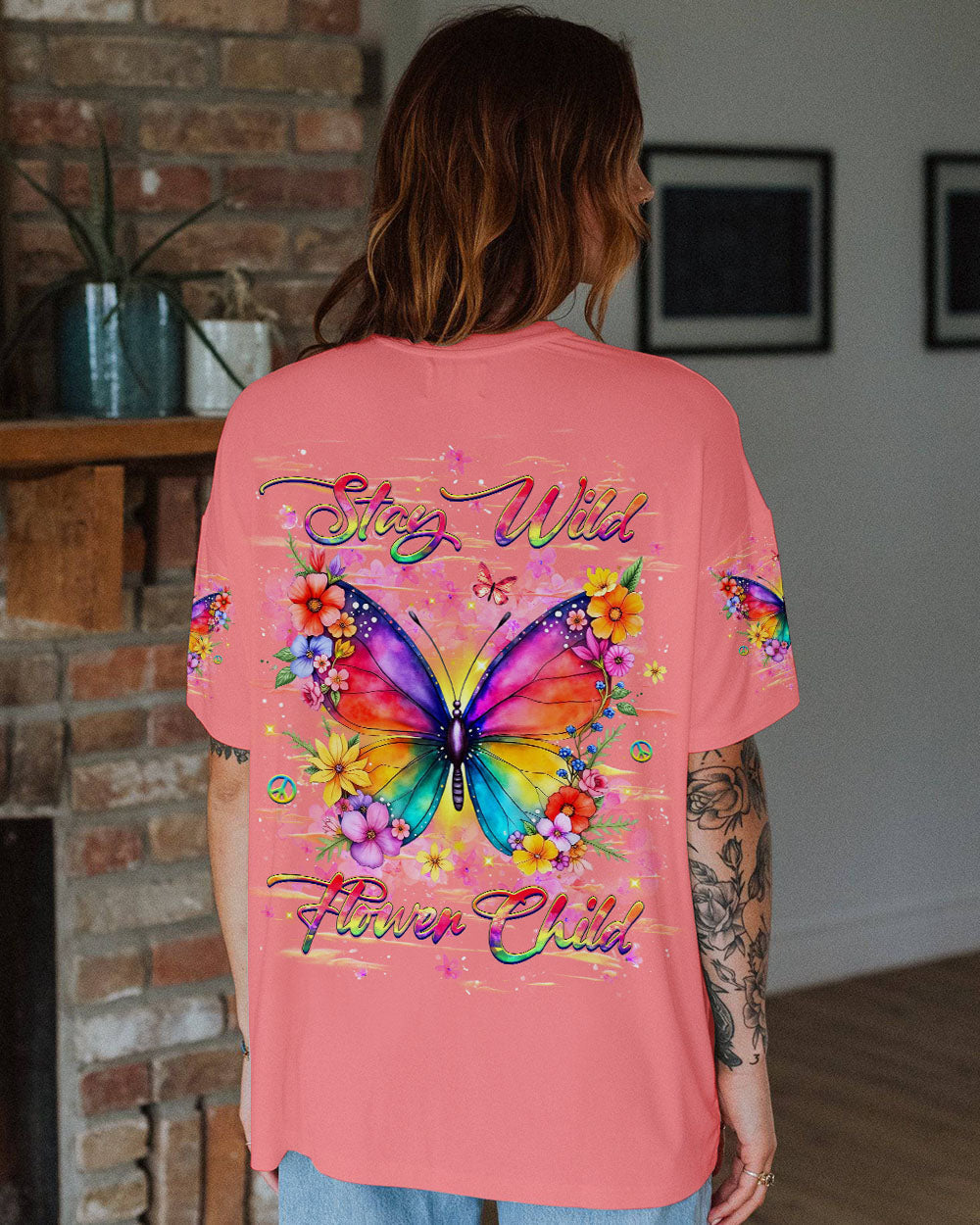 Stay Wild Flower Child Colorful Hippie Butterfly and Floral Graphic AOP Shirts _11_ pqABE