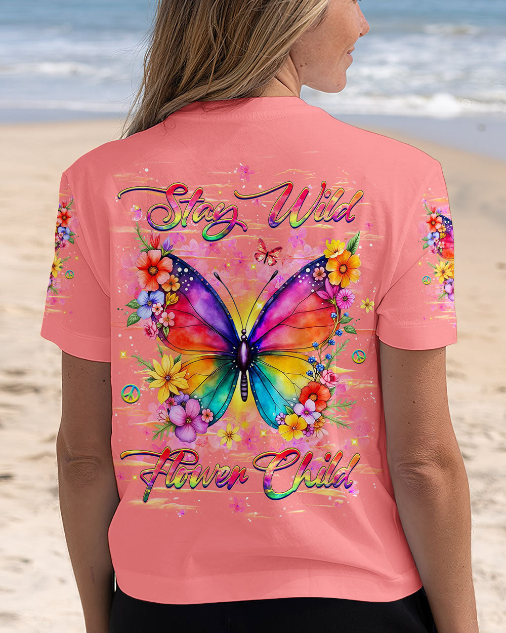 Stay Wild Flower Child Colorful Hippie Butterfly and Floral Graphic AOP Shirts _12_ Q9UhG