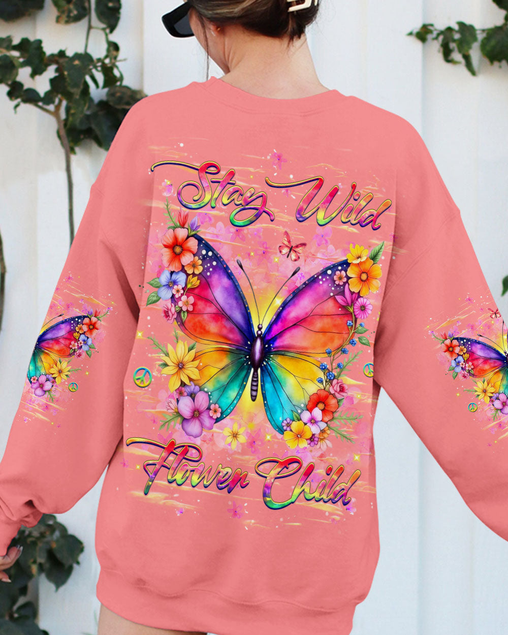 Stay Wild Flower Child Colorful Hippie Butterfly and Floral Graphic AOP Shirts _3_ gKzFF