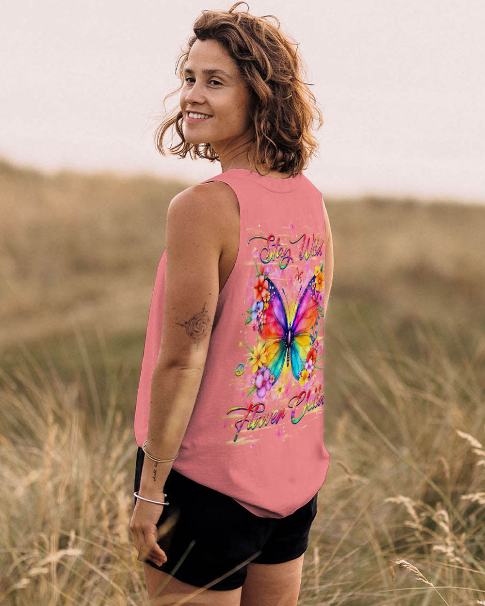 Stay Wild Flower Child Colorful Hippie Butterfly and Floral Graphic AOP Shirts _6_ iXzAj