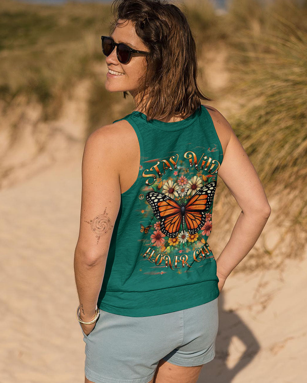 Stay Wild Flower Child Monarch Butterfly Floral Hippie Graphic Tee for Women AOP Shirts _13_ Xqhso