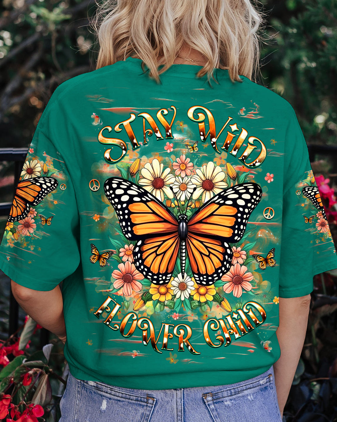 Stay Wild Flower Child Monarch Butterfly Floral Hippie Graphic Tee for Women AOP Shirts _3_ bV0j2