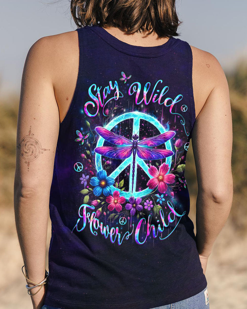 Stay Wild Flower Child Neon Dragonfly Peace Sign Hippie AOP Shirts _11_ 5RaHN