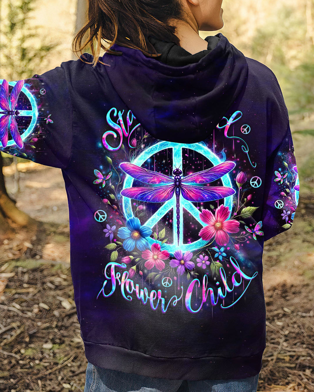 Stay Wild Flower Child Neon Dragonfly Peace Sign Hippie AOP Shirts _12_ mKpUG