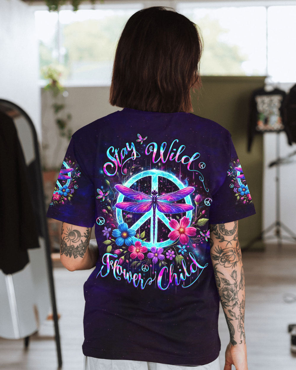 Stay Wild Flower Child Neon Dragonfly Peace Sign Hippie AOP Shirts _1_ 8vQCn