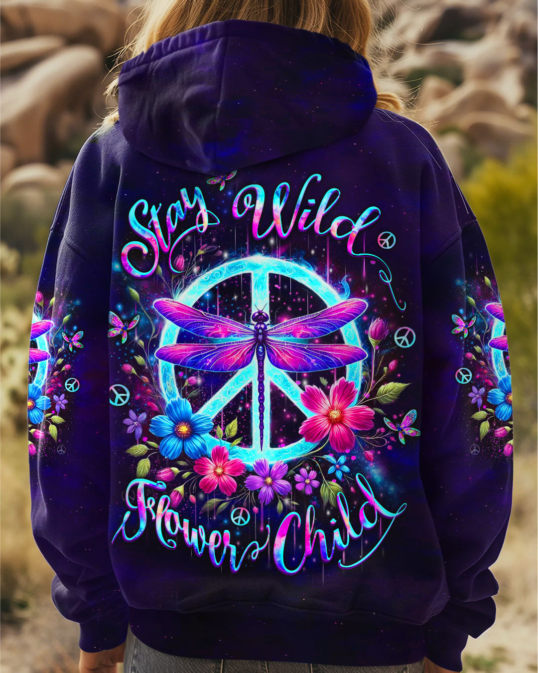 Stay Wild Flower Child Neon Dragonfly Peace Sign Hippie AOP Shirts _5_ pxU68