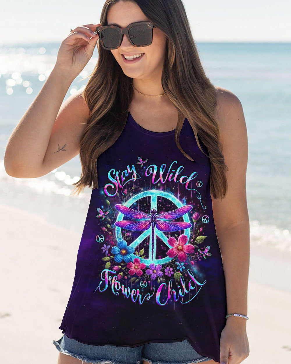 Stay Wild Flower Child Neon Dragonfly Peace Sign Hippie AOP Shirts _9_ 2Qsj5