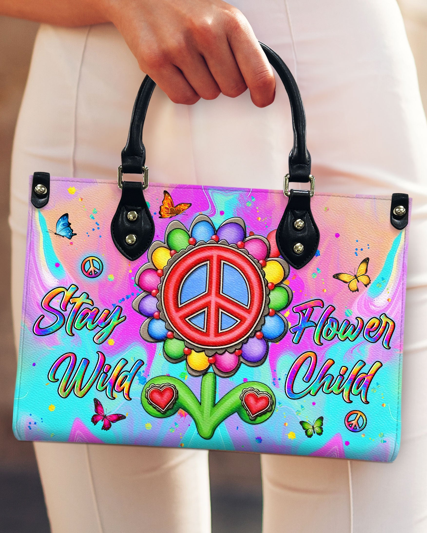 Stay Wild Flower Child Peace Sign Flower Colorful Hippie Leather Bag Gift for Women _10_ cvnrN