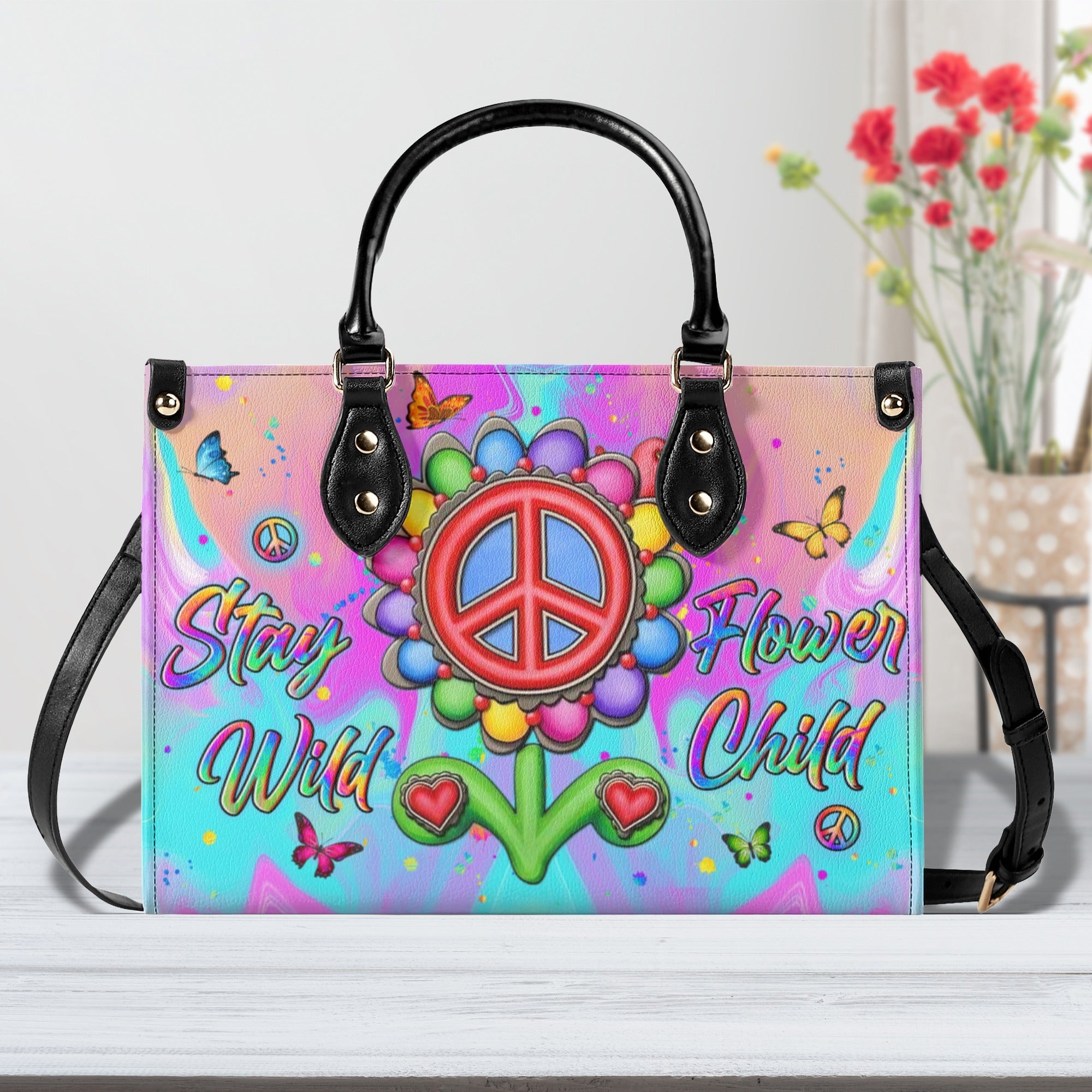Stay Wild Flower Child Peace Sign Flower Colorful Hippie Leather Bag Gift for Women _1_ 3JWYj