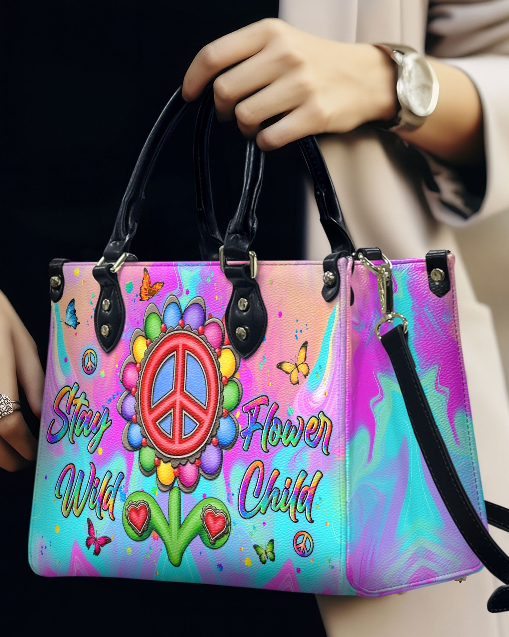 Stay Wild Flower Child Peace Sign Flower Colorful Hippie Leather Bag Gift for Women _2_ 0ieWb