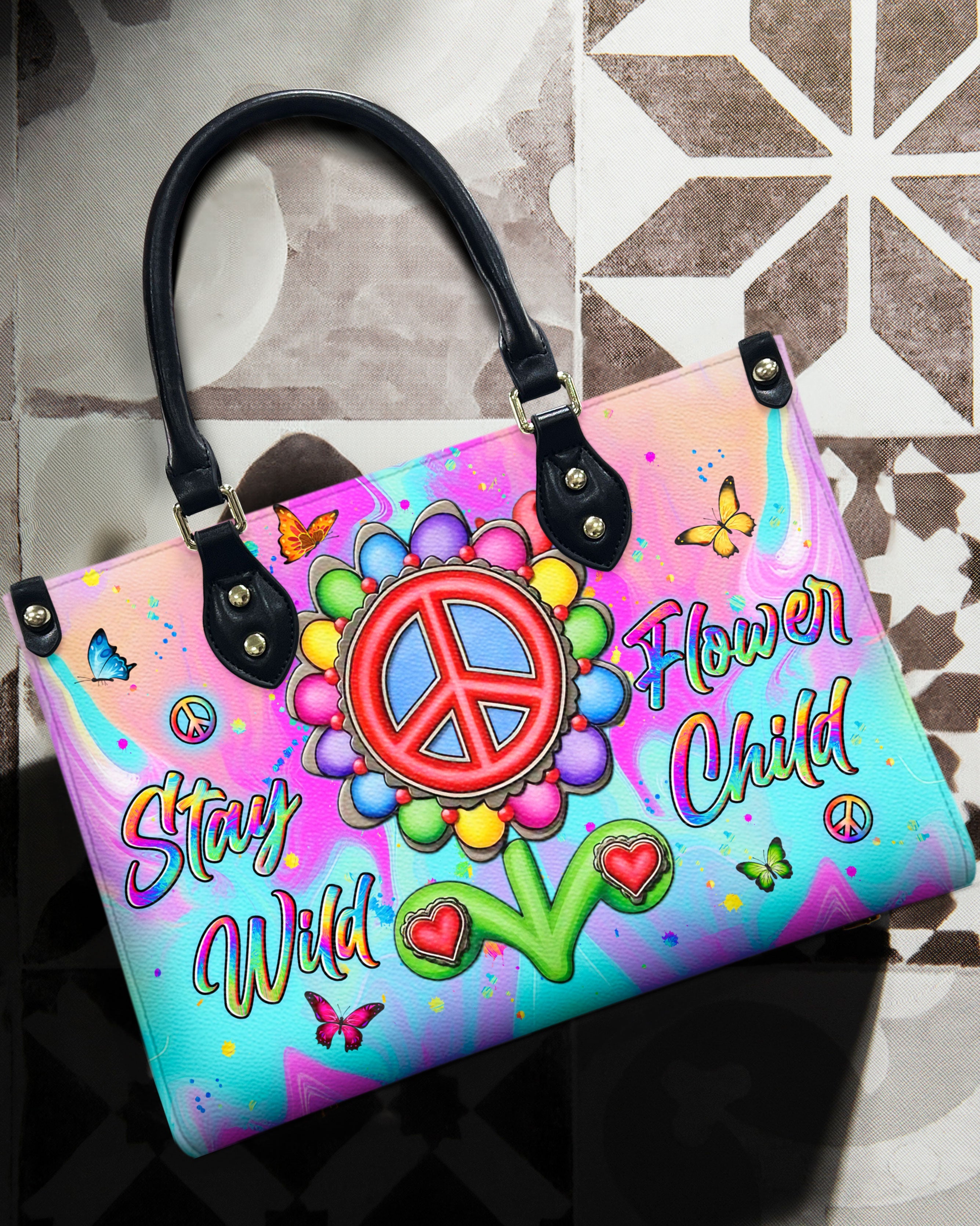 Stay Wild Flower Child Peace Sign Flower Colorful Hippie Leather Bag Gift for Women _3_ 2AEqN