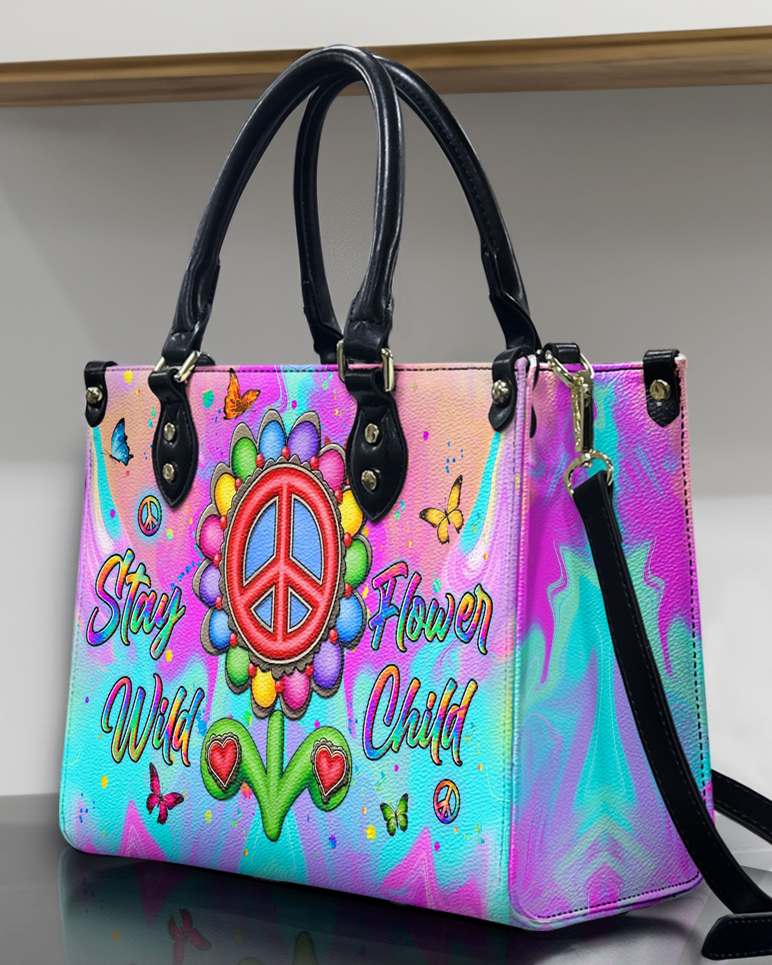 Stay Wild Flower Child Peace Sign Flower Colorful Hippie Leather Bag Gift for Women _4_ 7yqaB