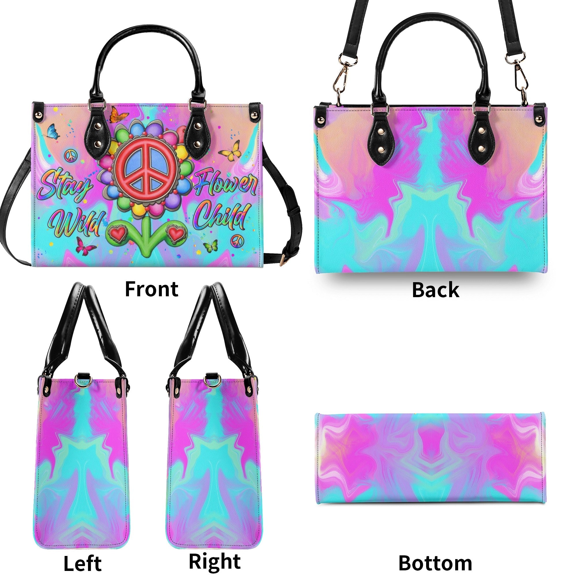 Stay Wild Flower Child Peace Sign Flower Colorful Hippie Leather Bag Gift for Women _6_ hOcm7