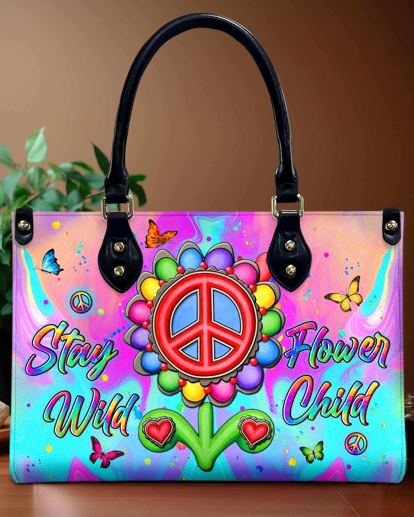 Stay Wild Flower Child Peace Sign Flower Colorful Hippie Leather Bag Gift for Women _9_ D6me7