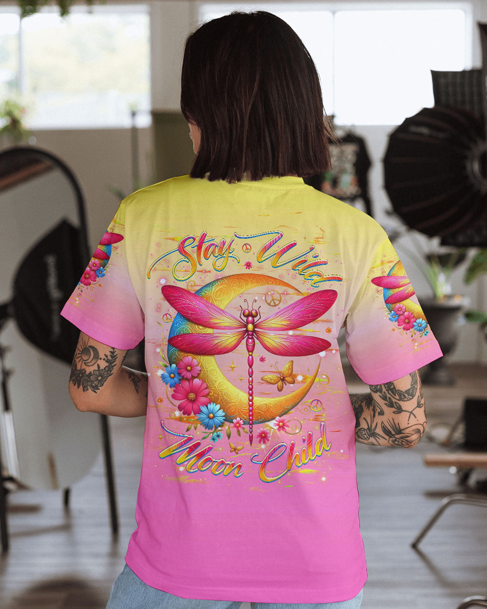Stay Wild Moon Child Hippie Pink Yellow Dragonfly and Crescent Moon AOP Shirts _1_ 6vdJk