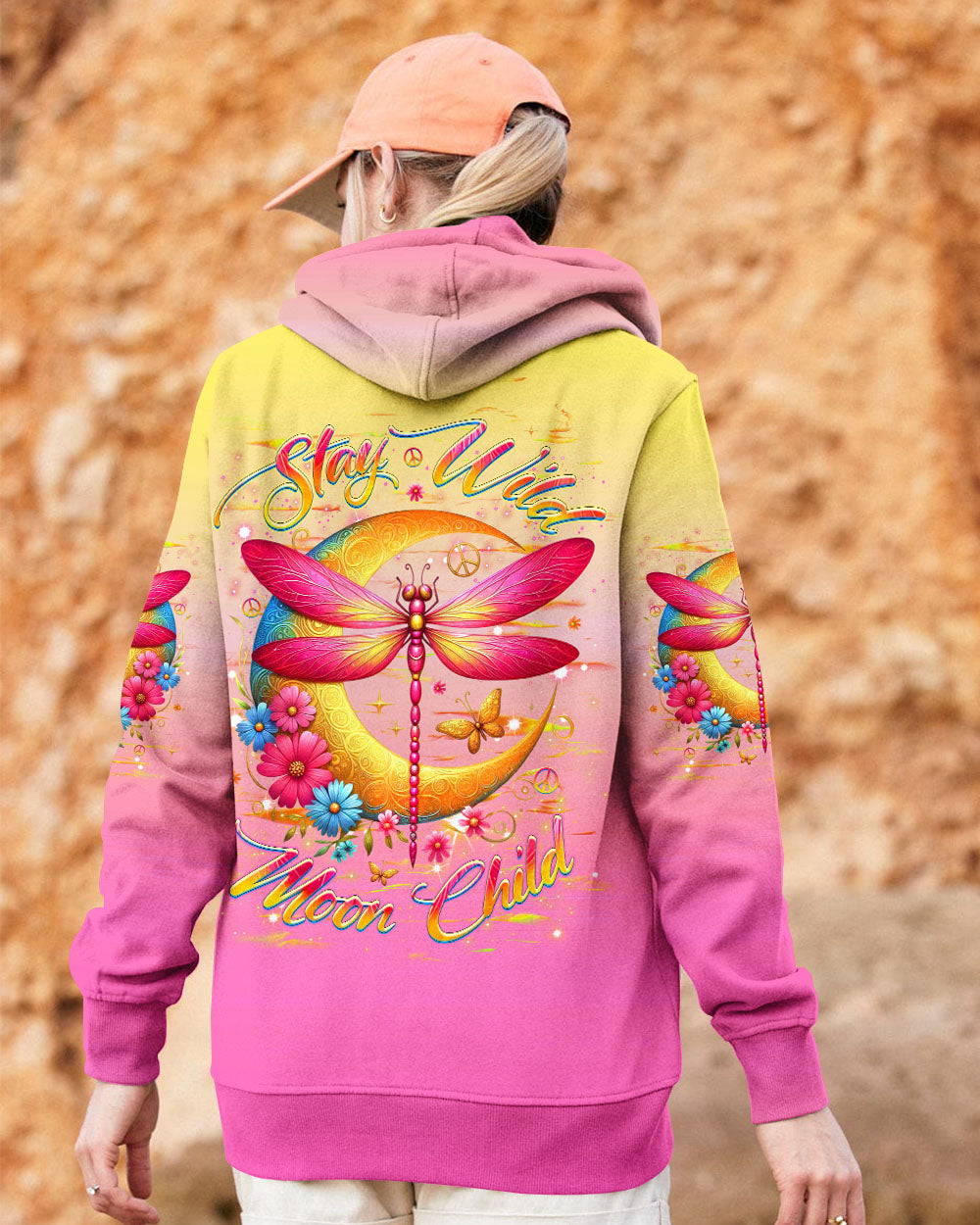 Stay Wild Moon Child Hippie Pink Yellow Dragonfly and Crescent Moon AOP Shirts _2_ s8vaG