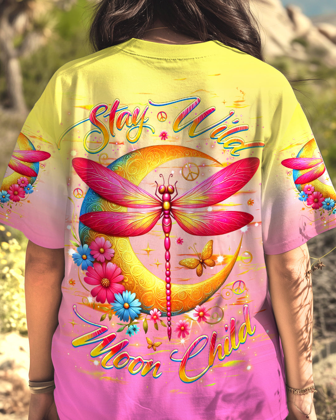 Stay Wild Moon Child Hippie Pink Yellow Dragonfly and Crescent Moon AOP Shirts _4_ 3CVQB