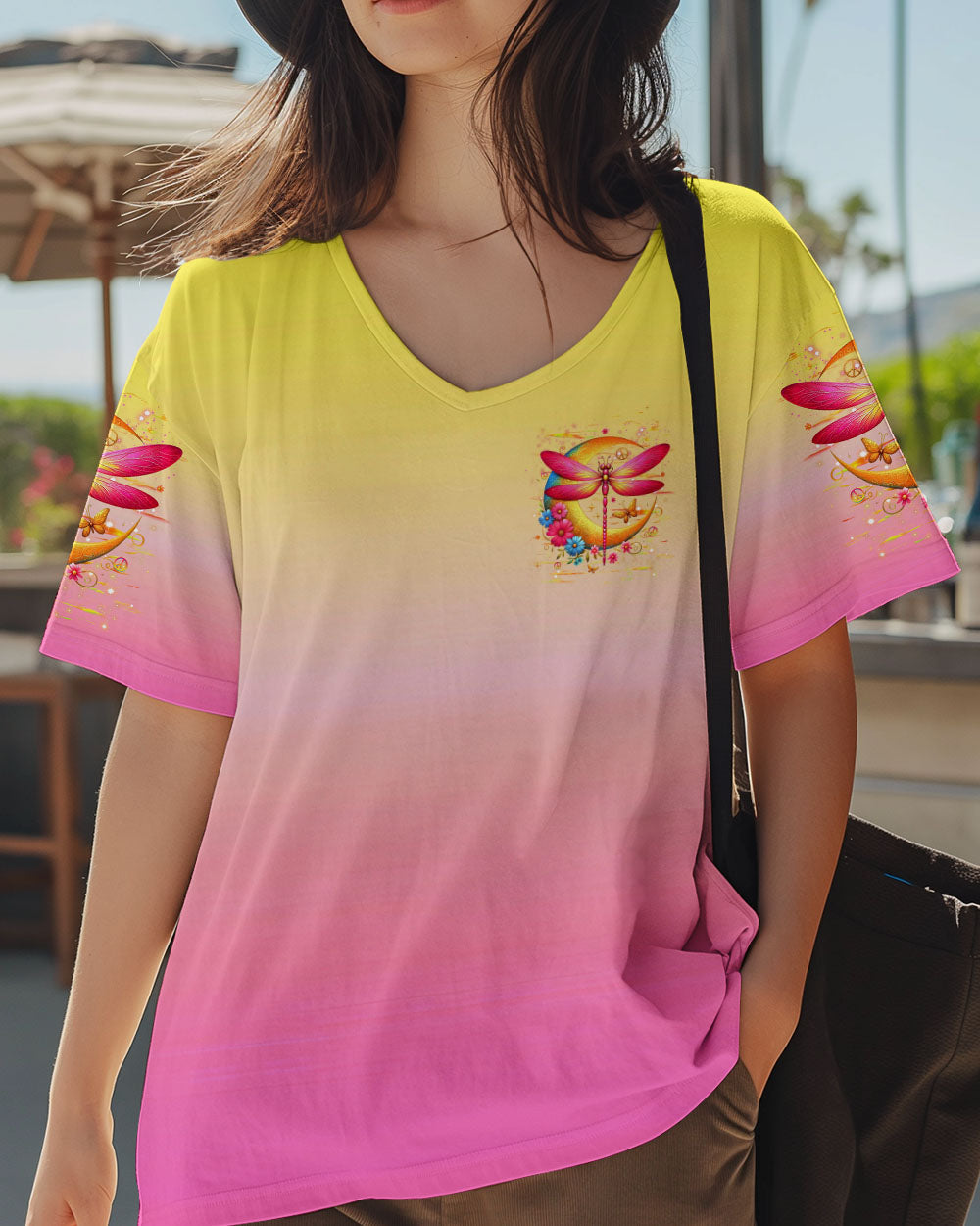 Stay Wild Moon Child Hippie Pink Yellow Dragonfly and Crescent Moon AOP Shirts _5_ A0HLd