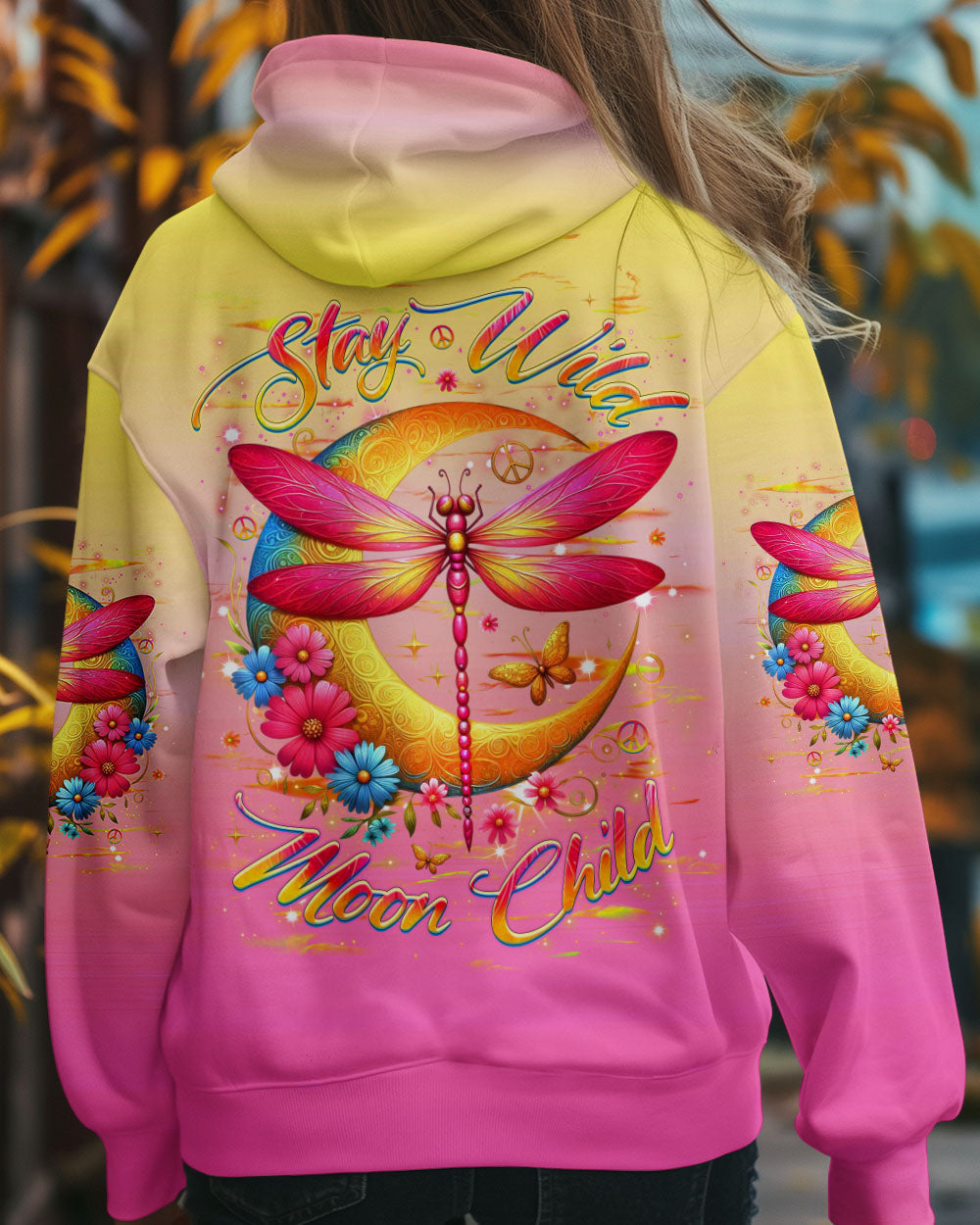 Stay Wild Moon Child Hippie Pink Yellow Dragonfly and Crescent Moon AOP Shirts _8_ MF0Xk