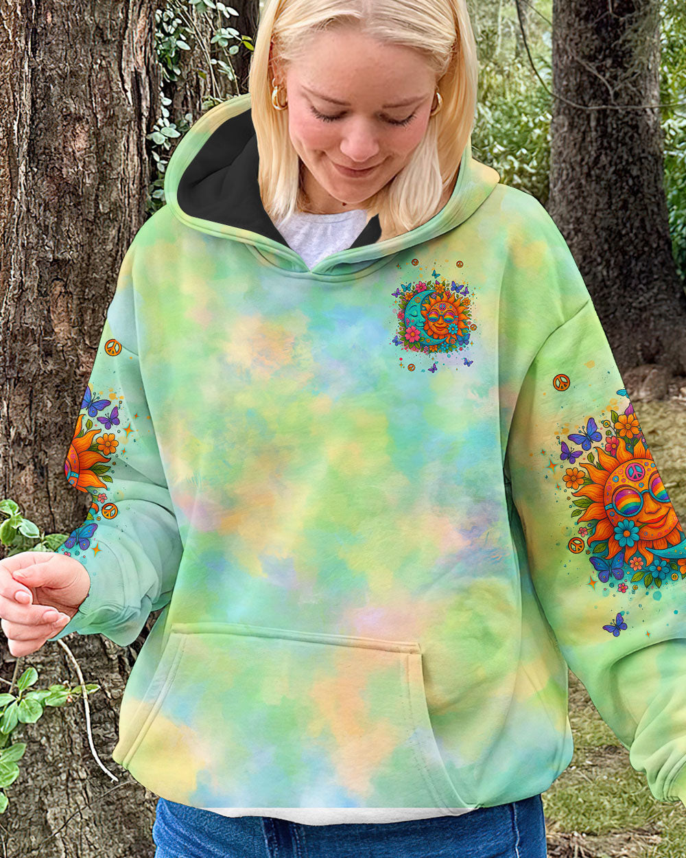 Stay Wild Moon Child Hippie Sun and Moon Tie Dye Design for Women AOP Shirts _7_ JhbDg