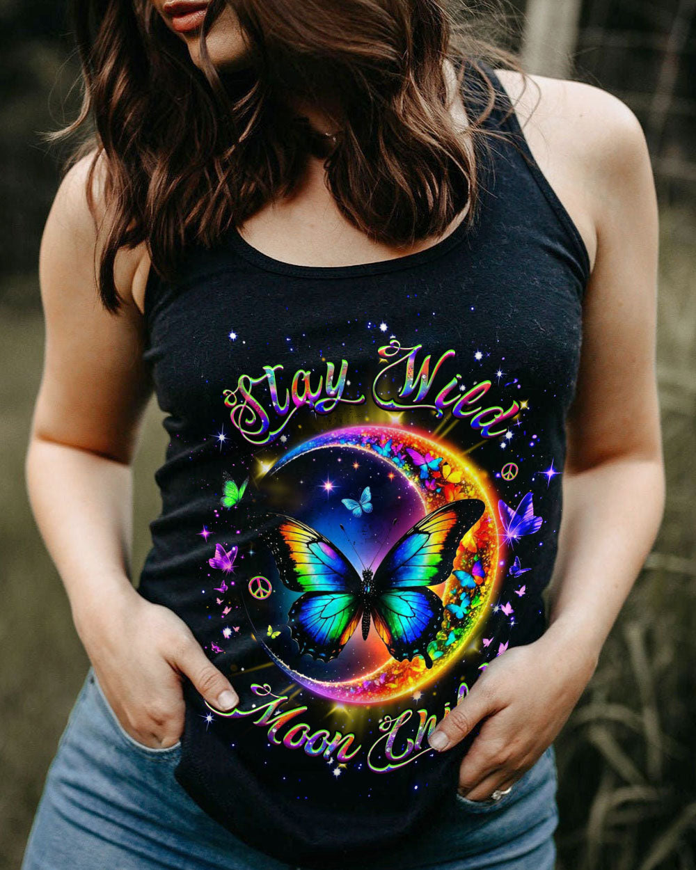 Stay Wild Moon Child Rainbow Butterfly and Moon Graphic Tee for Women AOP Shirts _11_ t1C8i