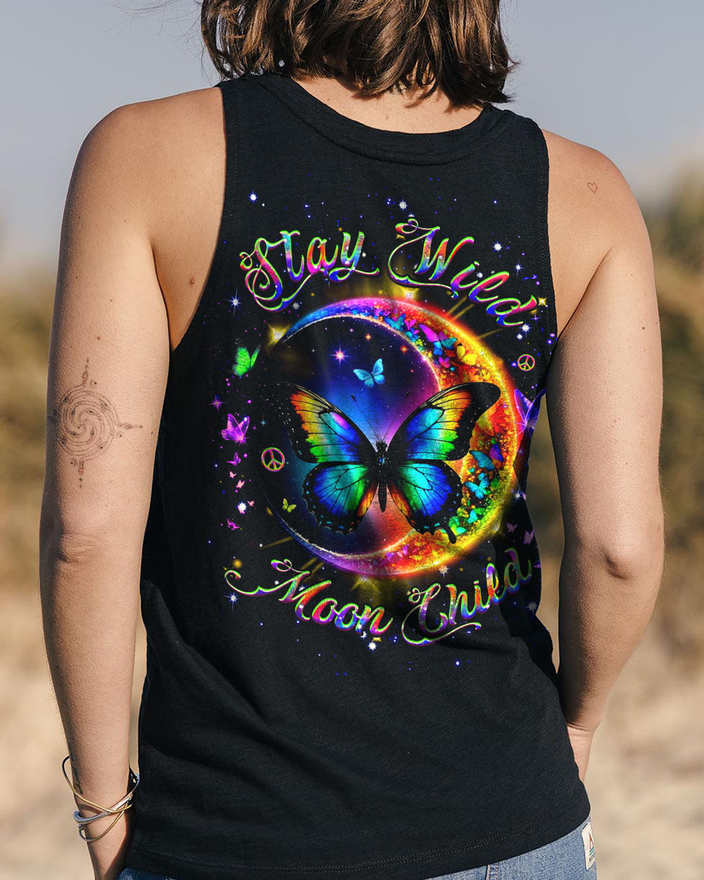 Stay Wild Moon Child Rainbow Butterfly and Moon Graphic Tee for Women AOP Shirts _13_ 8nNRn