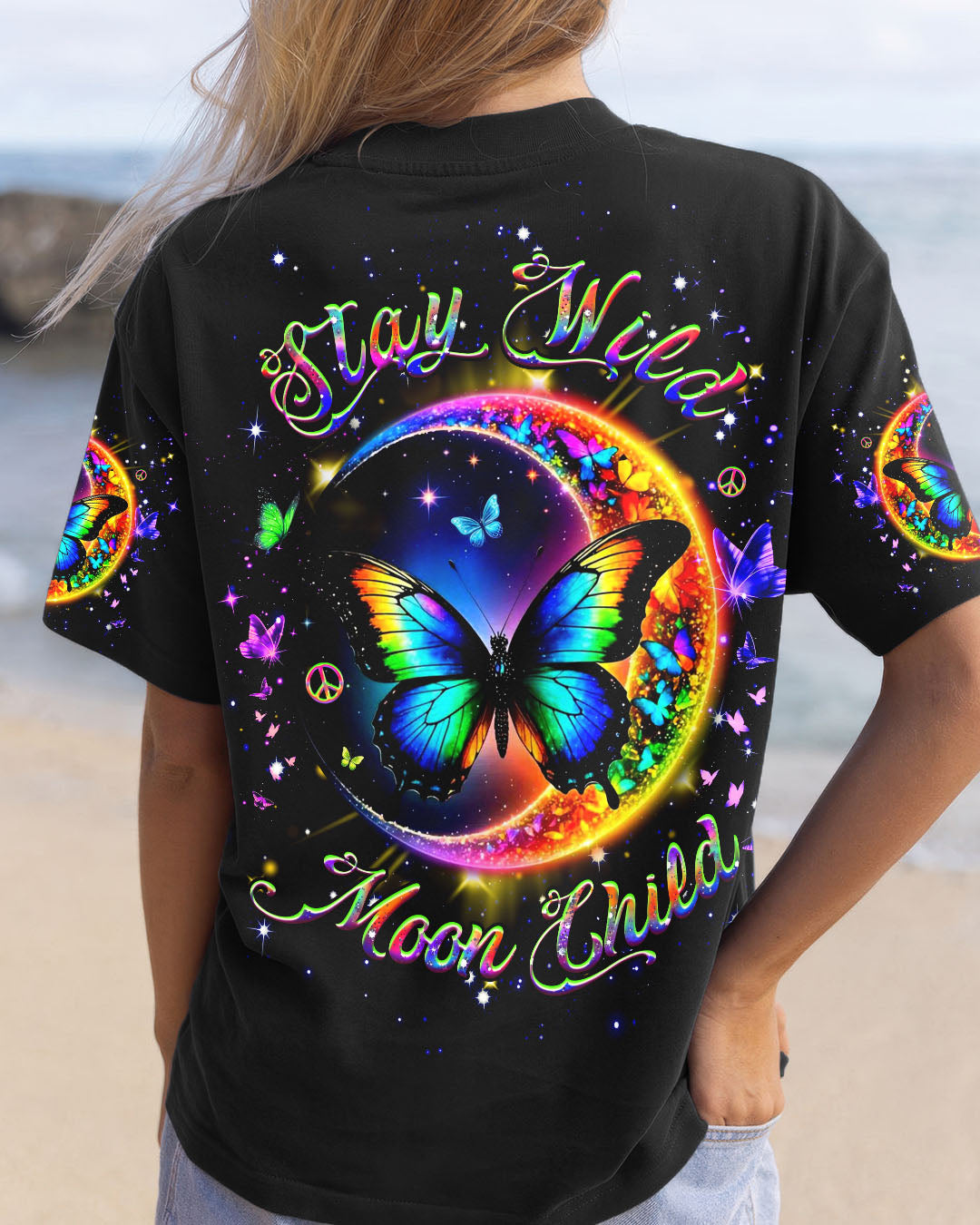 Stay Wild Moon Child Rainbow Butterfly and Moon Graphic Tee for Women AOP Shirts _1_ 01zJL