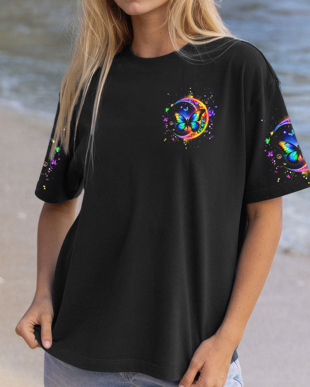 Stay Wild Moon Child Rainbow Butterfly and Moon Graphic Tee for Women AOP Shirts _2_ NlWxQ