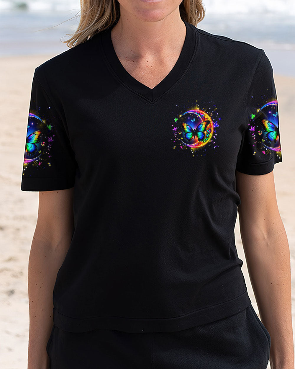 Stay Wild Moon Child Rainbow Butterfly and Moon Graphic Tee for Women AOP Shirts _4_ H1RnG