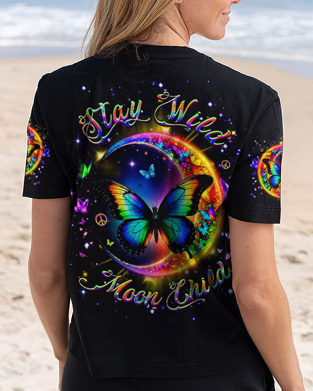 Stay Wild Moon Child Rainbow Butterfly and Moon Graphic Tee for Women AOP Shirts _5_ nz0vD