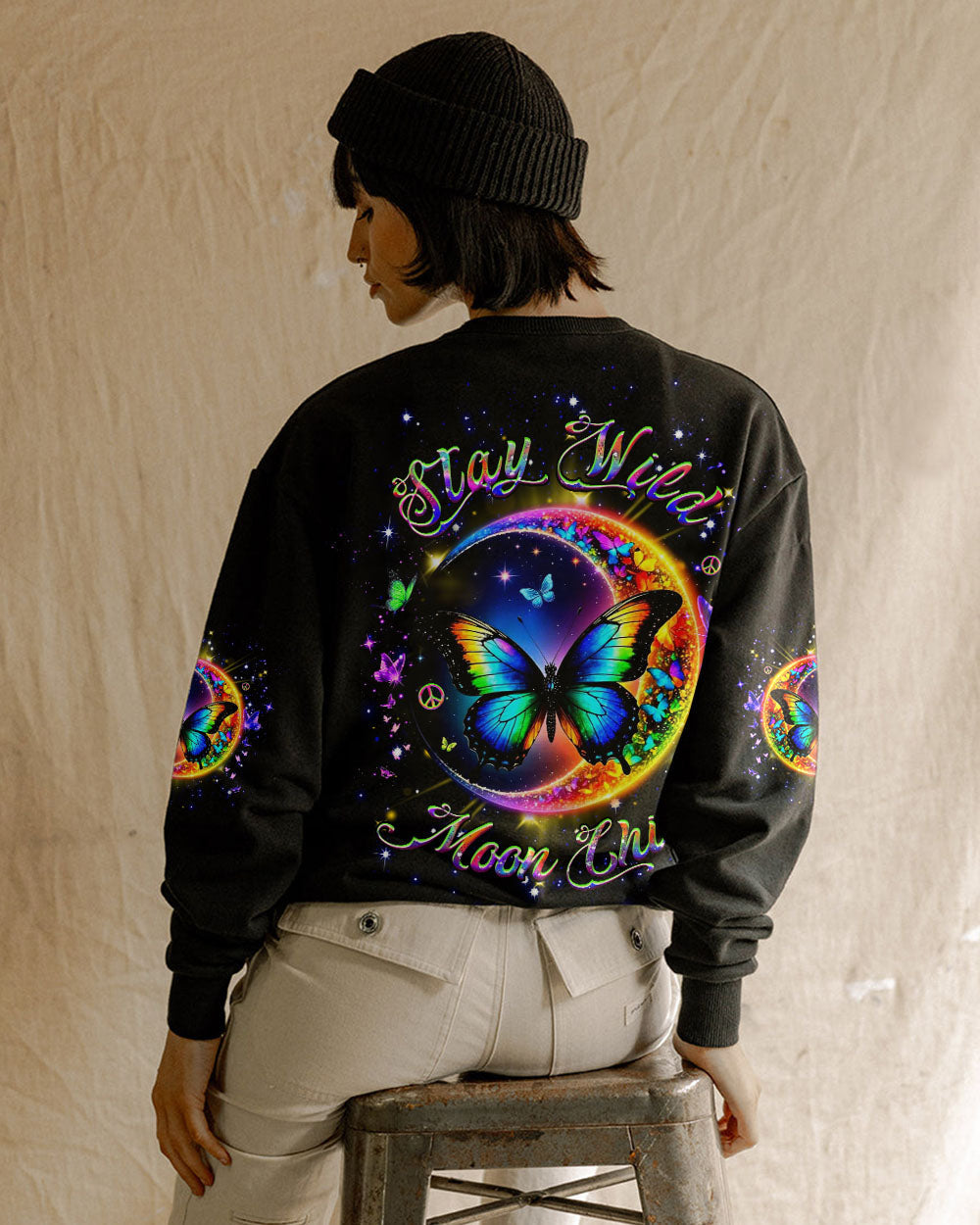 Stay Wild Moon Child Rainbow Butterfly and Moon Graphic Tee for Women AOP Shirts _9_ 0SERE