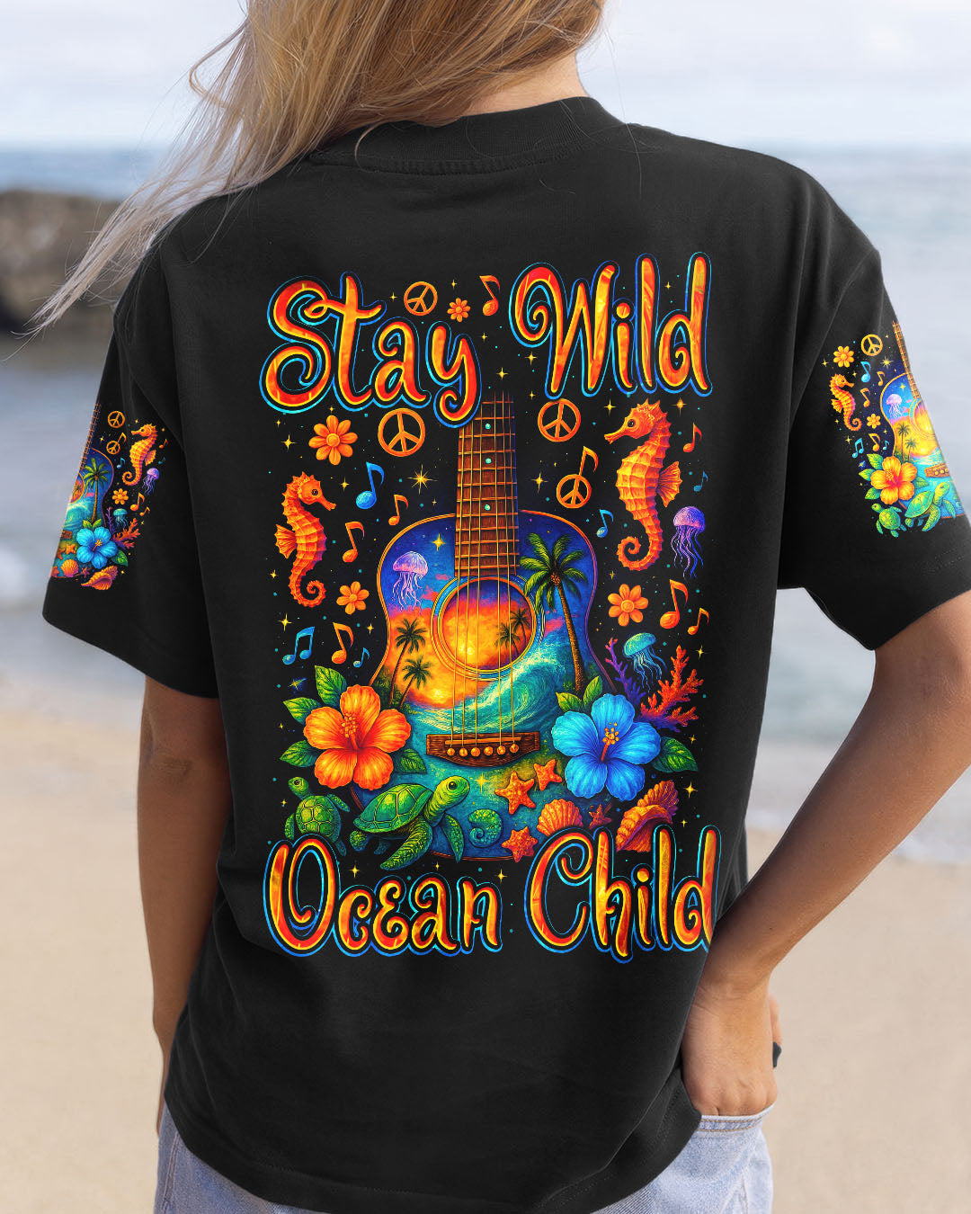 Stay Wild Ocean Child Tropical Guitar _26 Sea Turtle Hippie Tee for Women AOP Shirts _1_ FnGvk