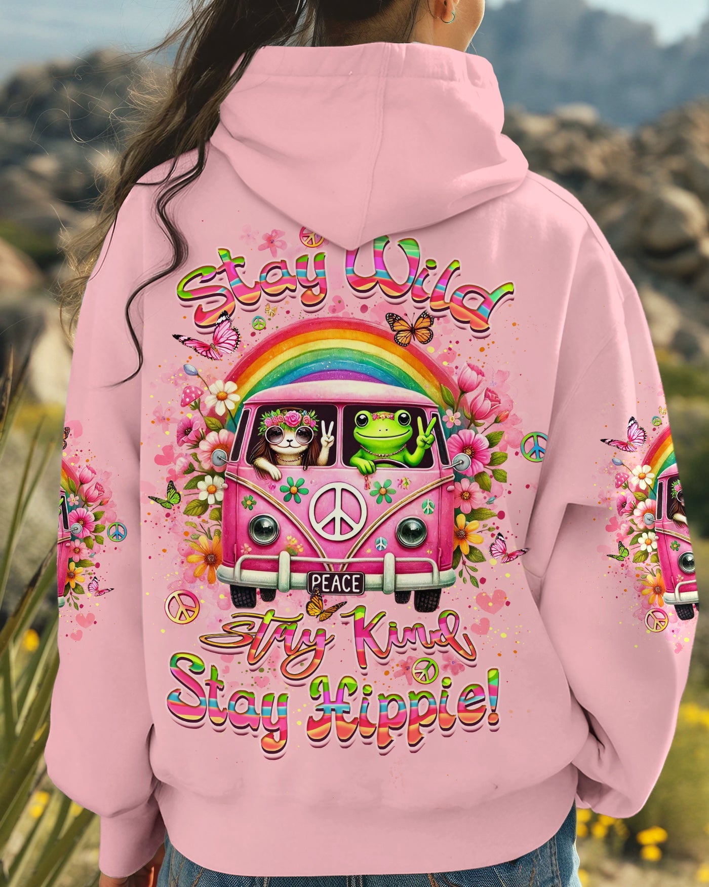 Stay Wild Stay Kind Stay Hippie Retro Peace Car Frog Graphic AOP Shirts _3_ WzpbX