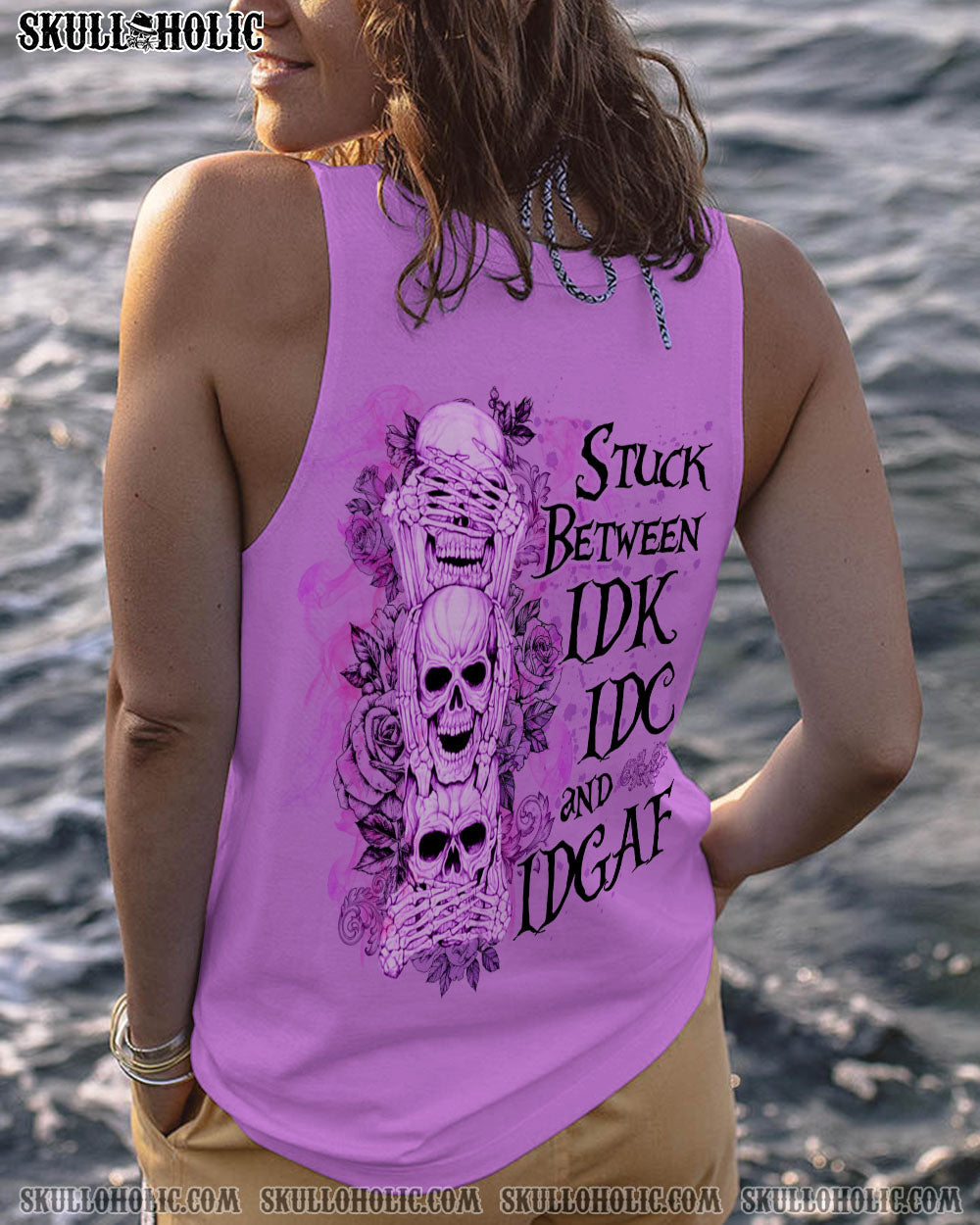 Stuck Between IDK IDC and IDGAF Funny Skull Gothic Quote Graphic AOP Shi _11_ nTt2E