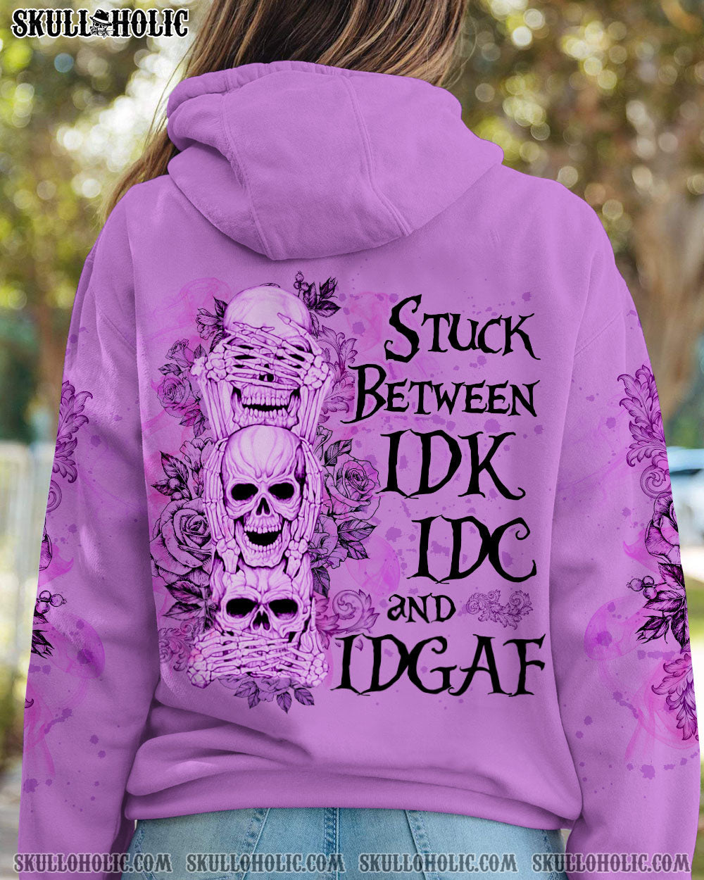 Stuck Between IDK IDC and IDGAF Funny Skull Gothic Quote Graphic AOP Shi _1_ OhmJa