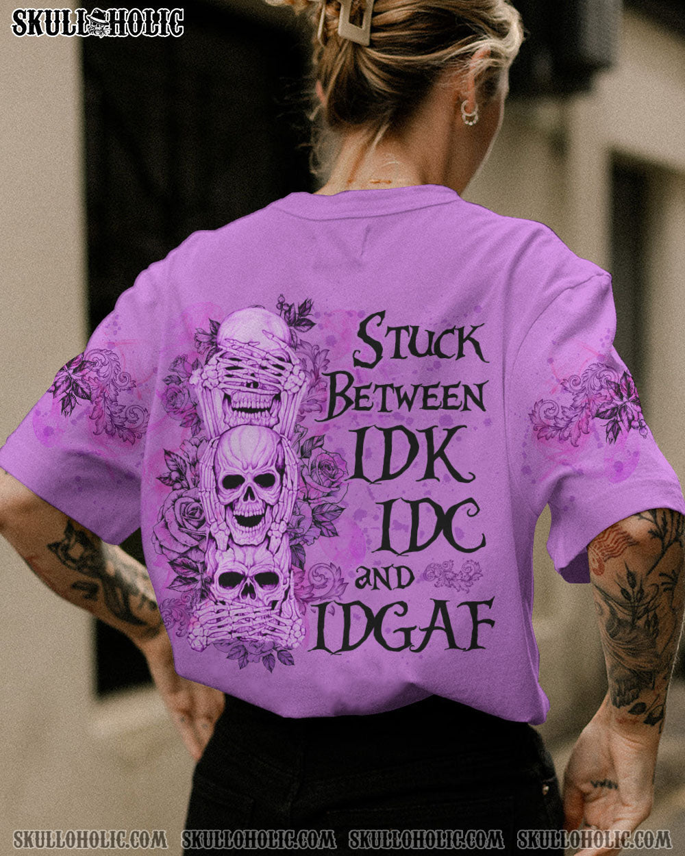 Stuck Between IDK IDC and IDGAF Funny Skull Gothic Quote Graphic AOP Shi _6_ s3vk5