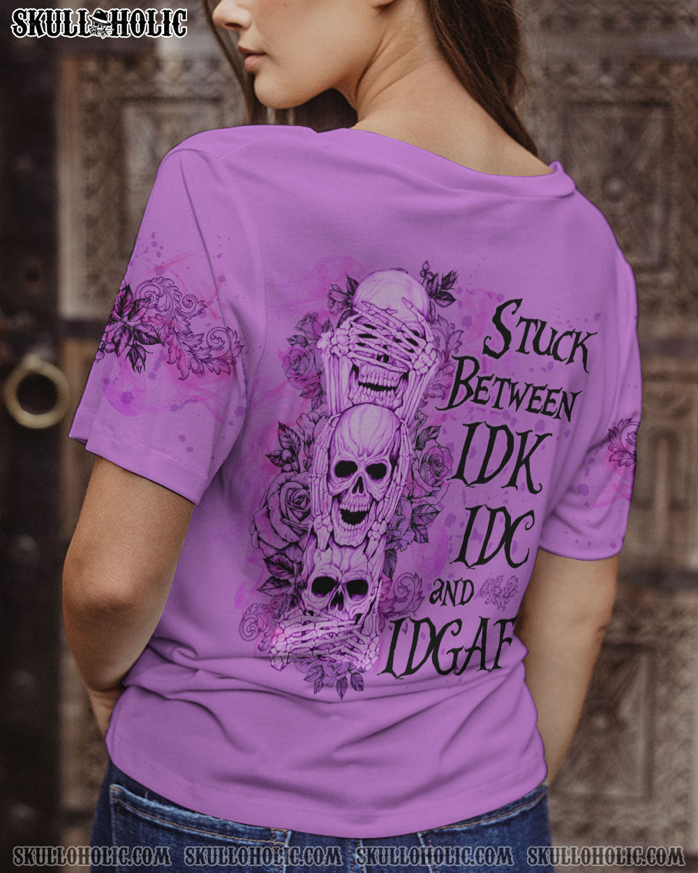 Stuck Between IDK IDC and IDGAF Funny Skull Gothic Quote Graphic AOP Shi _8_ 08qj7