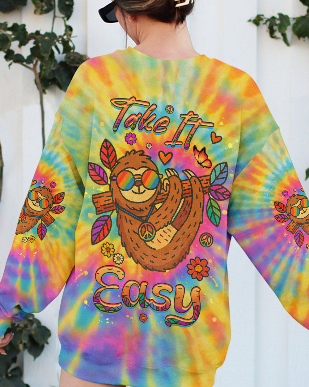 Take It Easy Sloth Peaceful Sloth with Tie Dye Flowers and Sunglasses Design AOP Shirts _7_ Zc7bb