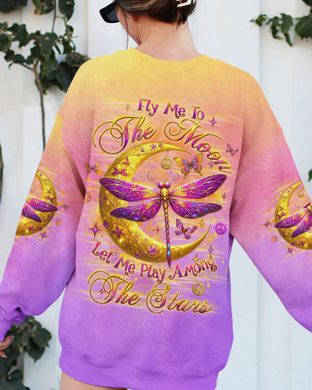 The Moon Let Me Play Among The Stars Moon and Dragonfly Vibrant Peace Graphic AOP Shirts _10_ mwUB6