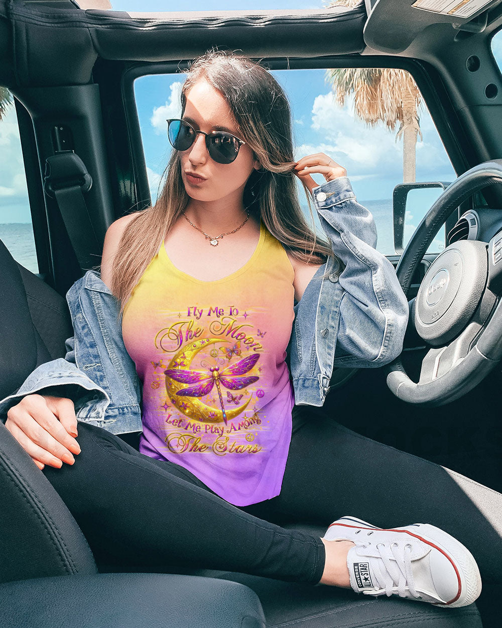 The Moon Let Me Play Among The Stars Moon and Dragonfly Vibrant Peace Graphic AOP Shirts _12_ coLgj