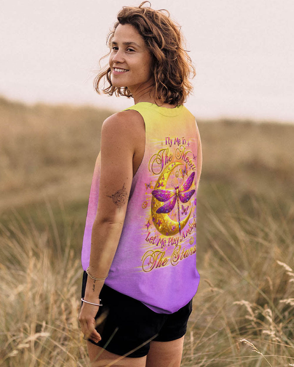 The Moon Let Me Play Among The Stars Moon and Dragonfly Vibrant Peace Graphic AOP Shirts _14_ 2pAGo