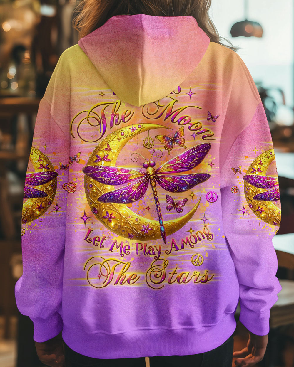 The Moon Let Me Play Among The Stars Moon and Dragonfly Vibrant Peace Graphic AOP Shirts _1_ 31WnK