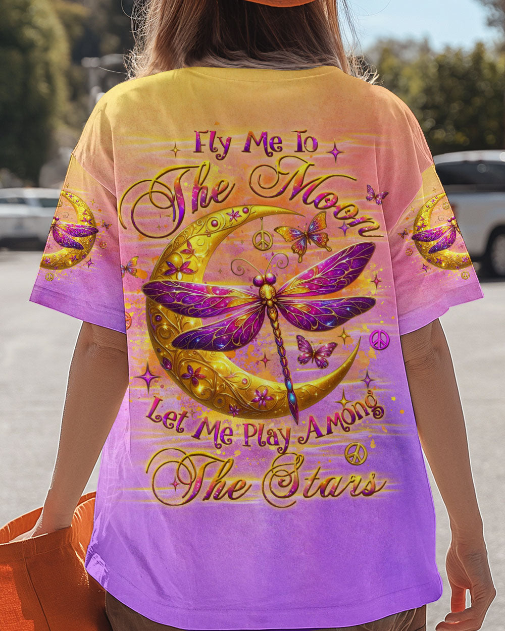 The Moon Let Me Play Among The Stars Moon and Dragonfly Vibrant Peace Graphic AOP Shirts _6_ vmKVY