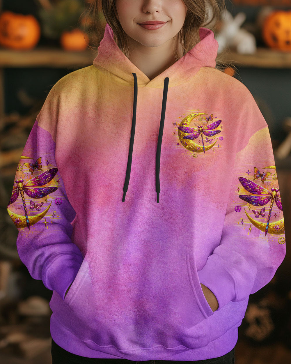 The Moon Let Me Play Among The Stars Moon and Dragonfly Vibrant Peace Graphic AOP Shirts _7_ yEuzI