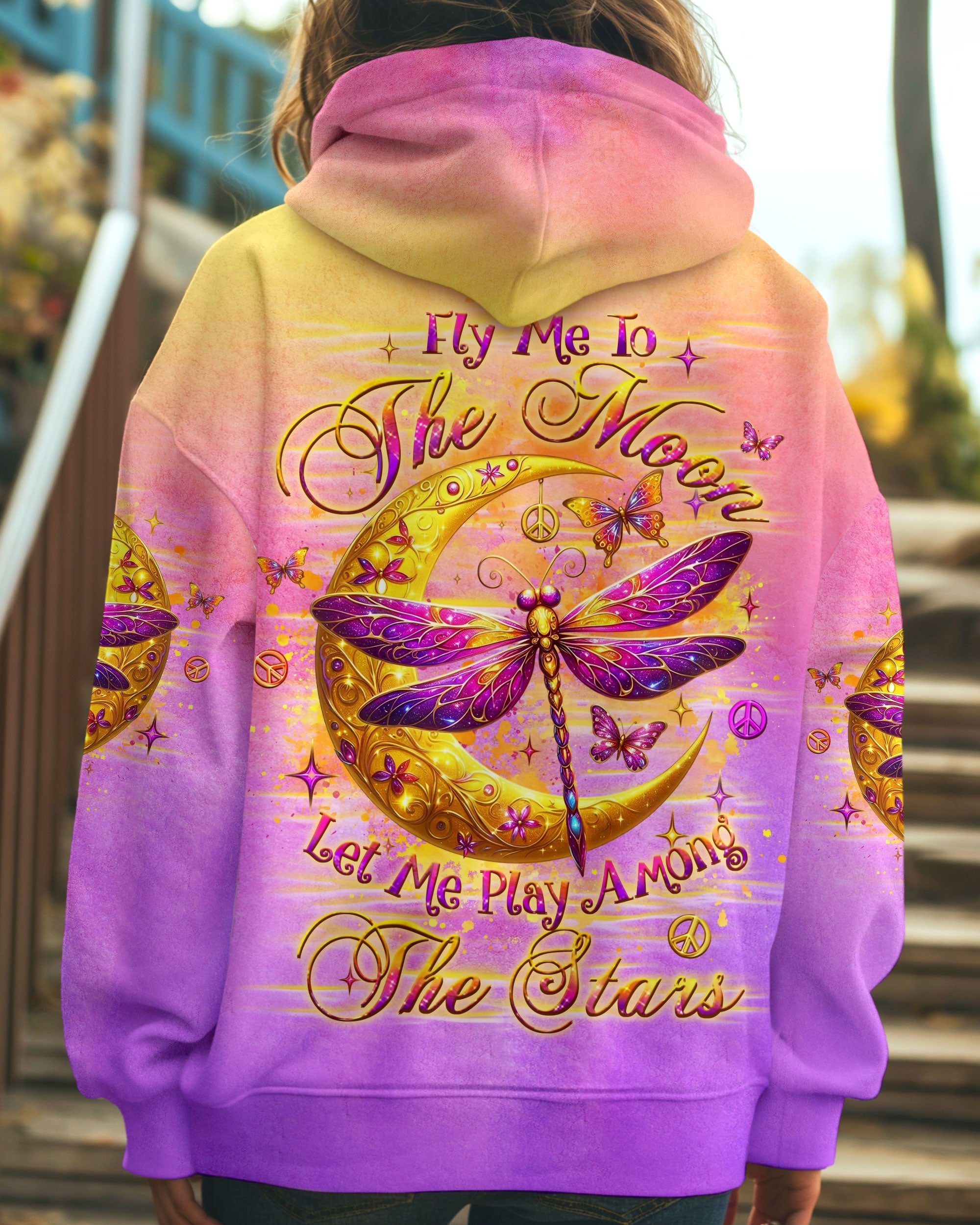 The Moon Let Me Play Among The Stars Moon and Dragonfly Vibrant Peace Graphic AOP Shirts _8_ xmDNR