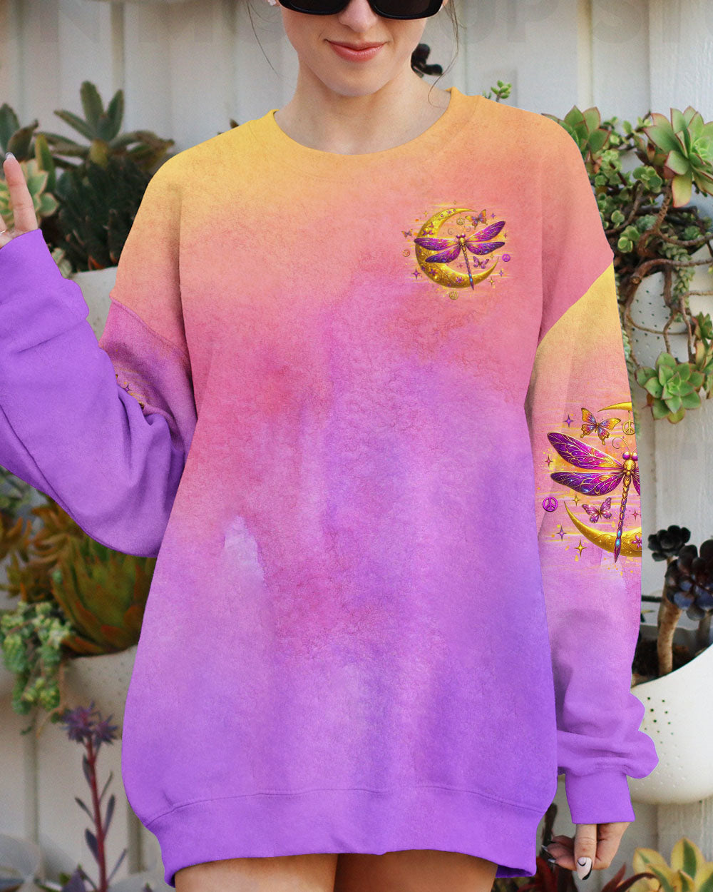 The Moon Let Me Play Among The Stars Moon and Dragonfly Vibrant Peace Graphic AOP Shirts _9_ zCCK8