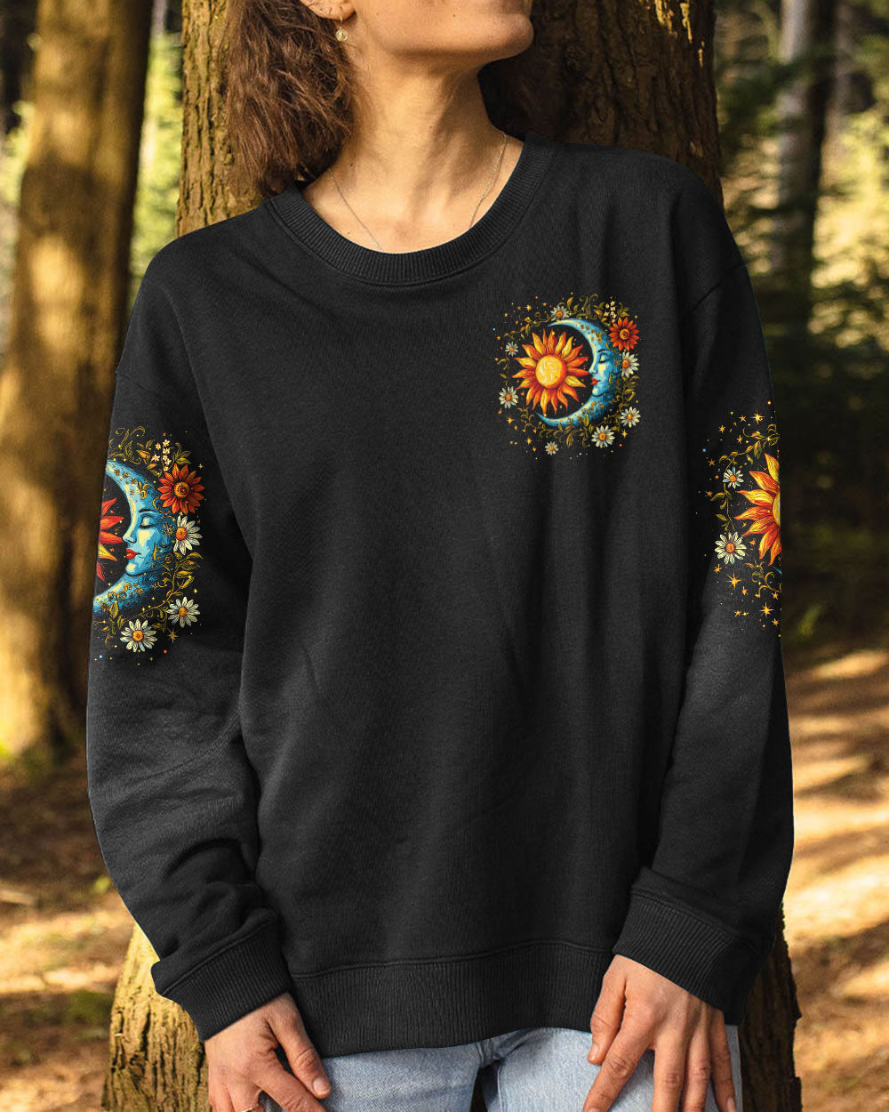 The Moon Sees Your Soul Boho Celestial Sun and Moon Design AOP Shirts _8_ xz3i0