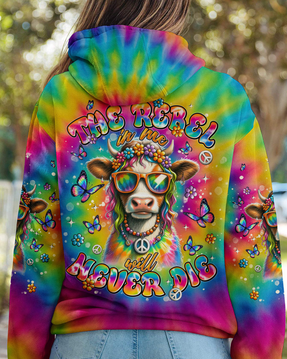 The Rebel in Me Will Never Die Colorful Tie Dye Hippie Cow Design with Peace Sign and Flowers AOP Shirts _ _14_ ZSClX