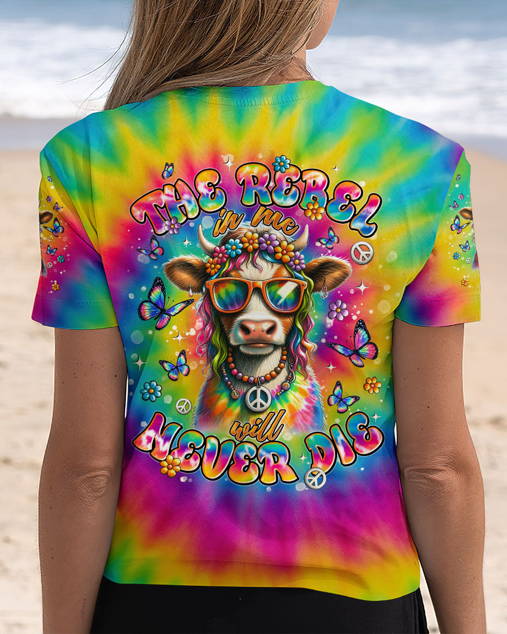The Rebel in Me Will Never Die Colorful Tie Dye Hippie Cow Design with Peace Sign and Flowers AOP Shirts _ _3_ 2BxRW