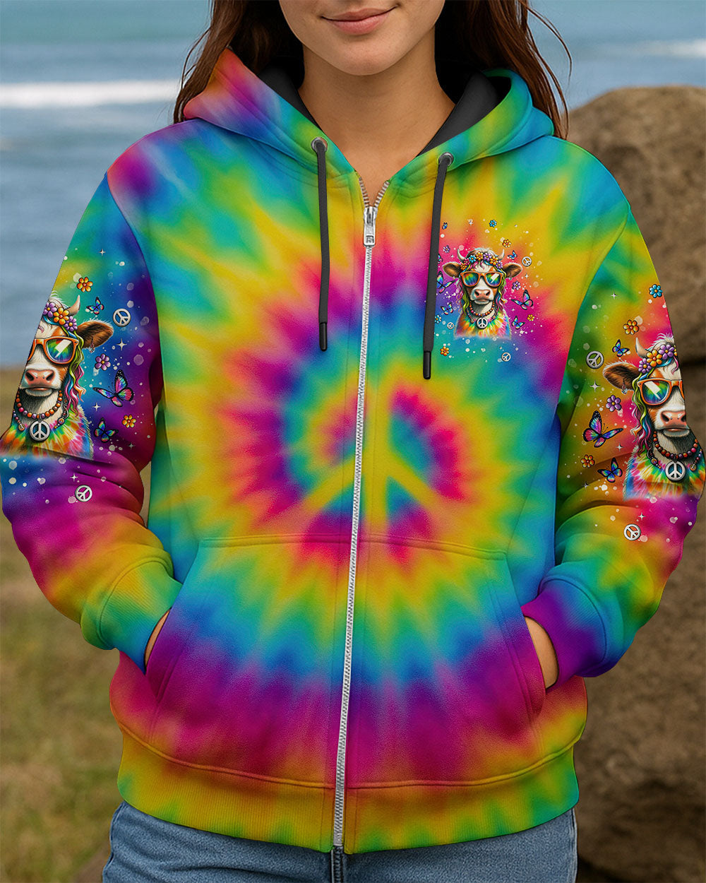 The Rebel in Me Will Never Die Colorful Tie Dye Hippie Cow Design with Peace Sign and Flowers AOP Shirts _ _8_ eaL5I